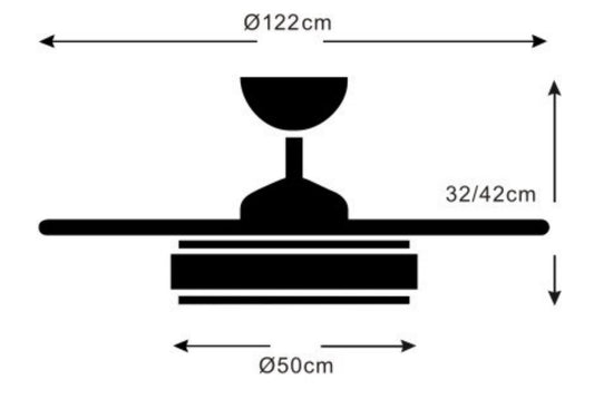 Medidas Ventilador de techo Selina-XL de PB Lighting (Ø122cm) Blanco, con luz LED CCT 8000lm, app Fan Lamp Pro y mando - Ref PB90221.