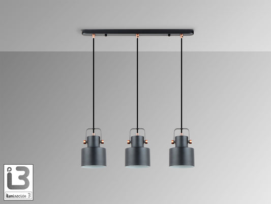 Lámpara de techo Erika 3 luces negro cobre Schuller, colgante industrial moderna para comedor o dormitorio, regulable en altura, metal y diseño nórdico.