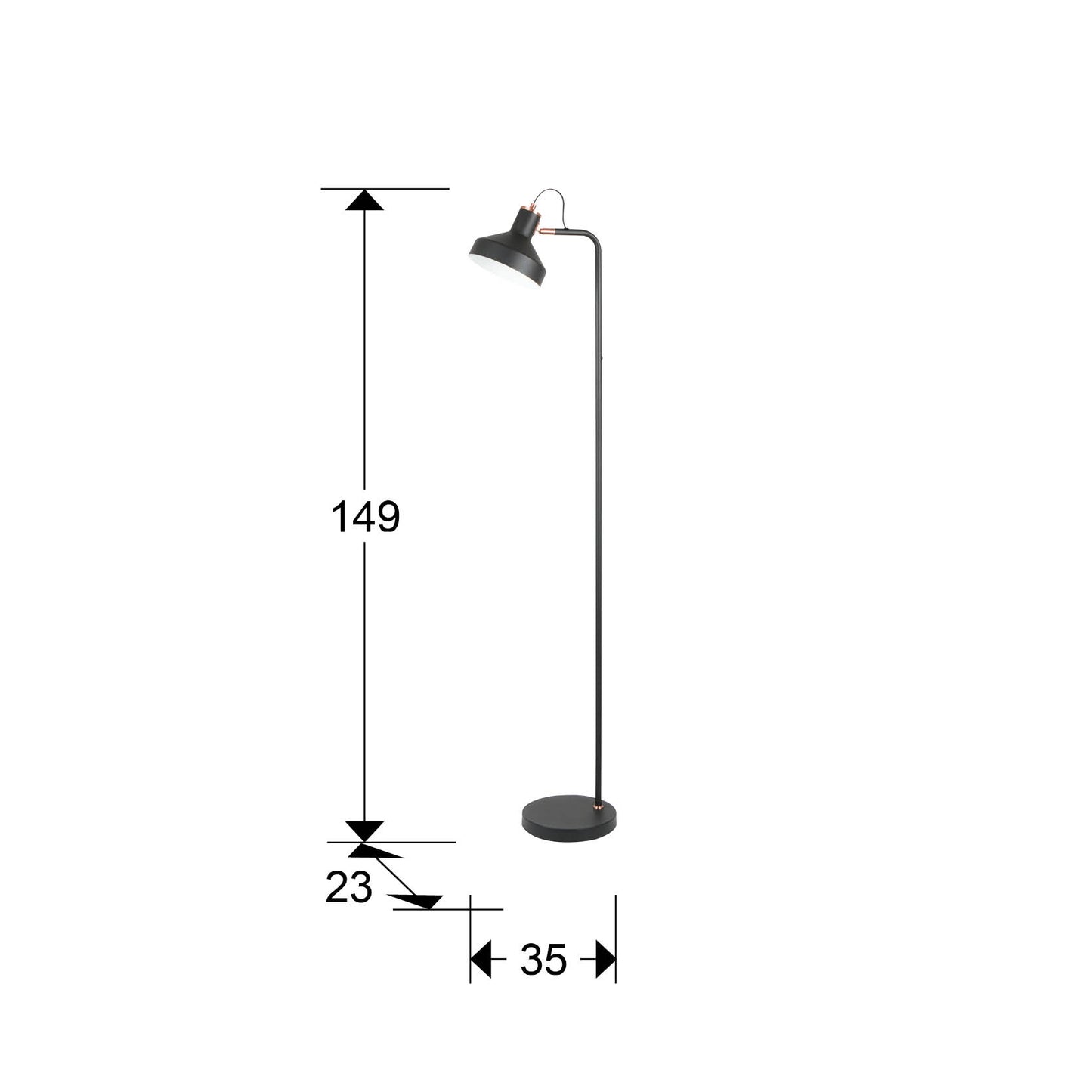 Medidas de Lámpara de pie Irias negro mate y cobre de Schuller en salón moderno, fabricada en metal con detalles en cobre. Iluminación interior elegante para el hogar.