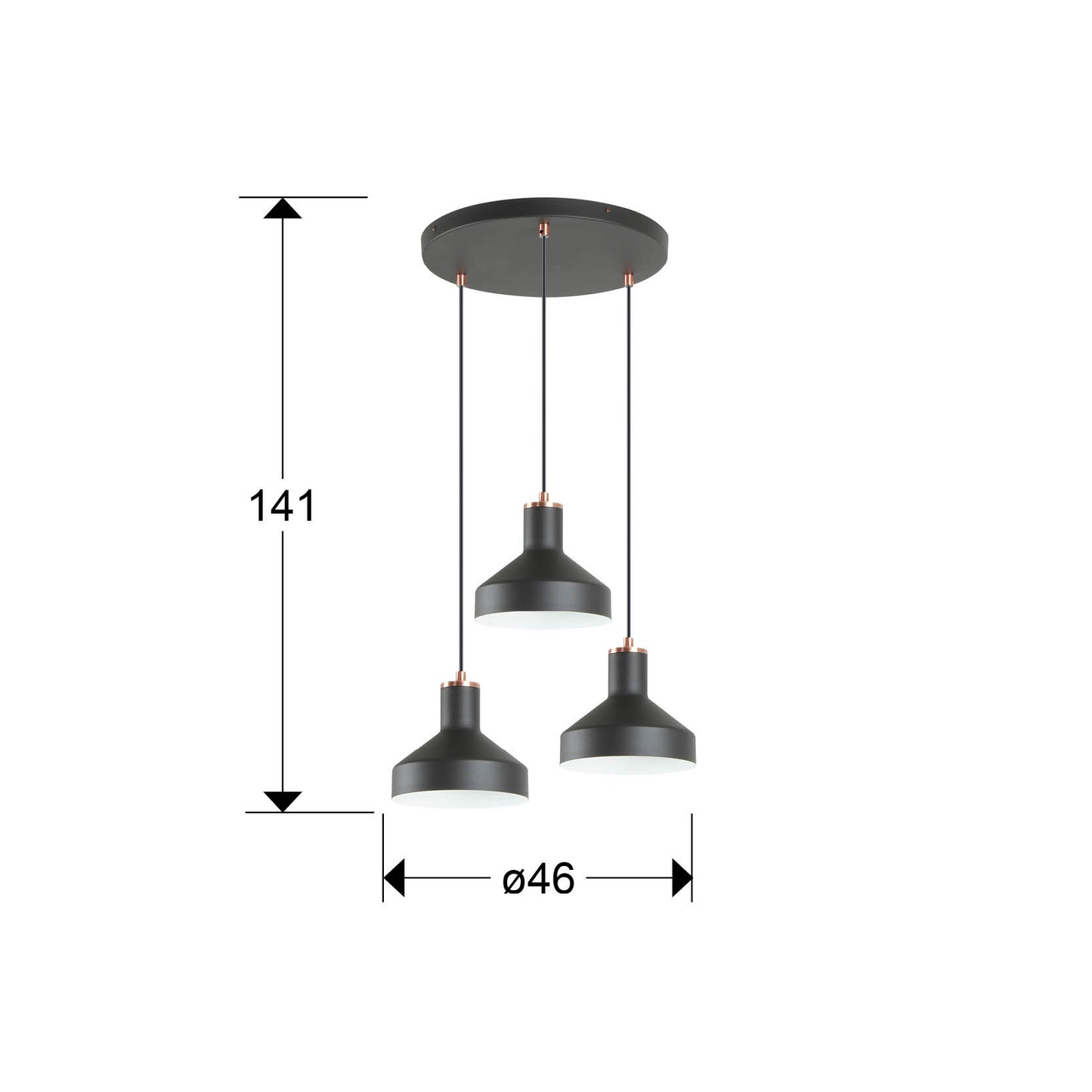 Medidas de Lámpara de techo I3-IRIAS negro cobre de Schuller (12546) colgando en un comedor moderno con altura regulable, estilo industrial.