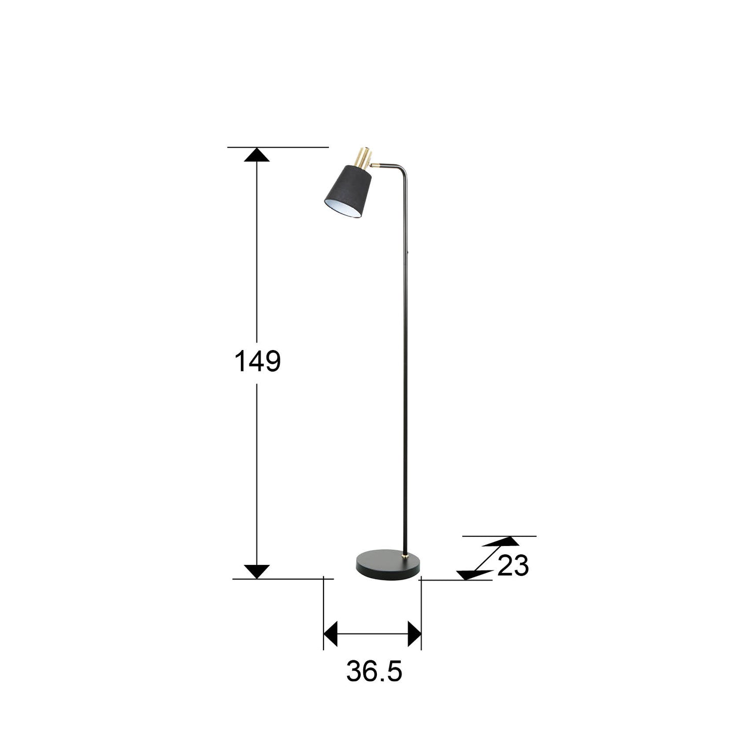 Medidas de Lámpara de pie Gisela negro y latón de Schuller en salón moderno, iluminación interior textil y metal.