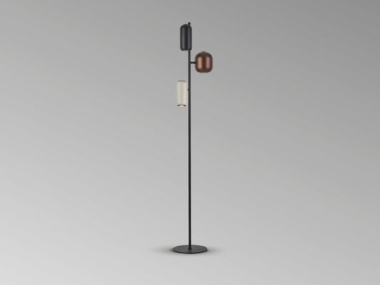 Lámpara de pie I3-Nimes Schuller en negro, marrón y gris, diseño moderno con detalles metálicos. Iluminación interior multicolor ideal para cualquier espacio.