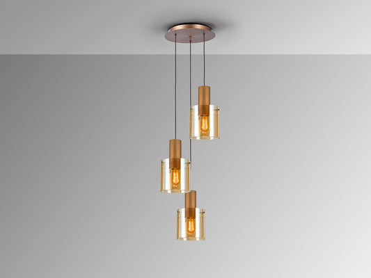 Lámpara de techo Venize cobre ámbar Schuller en salón de estilo industrial, con cristal y metal, diseño mid-century.