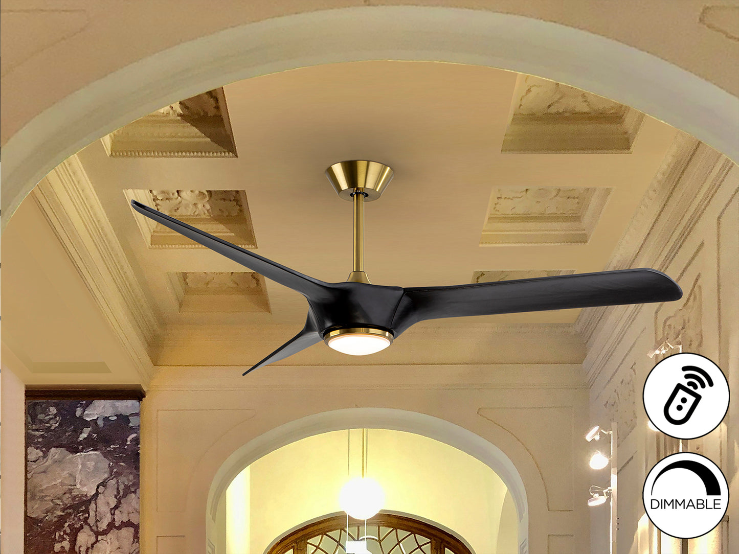 Ventilador de techo ALISIOS negro y bronce Schuller con luz LED regulable y aspas de madera de 152cm, motor DC de 6 velocidades, ideal para la iluminación y ventilación eficiente de espacios.