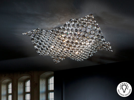 Plafón 5 luces Satén grande cromo para salón, diseño moderno con cristal K9 | Schuller 160674