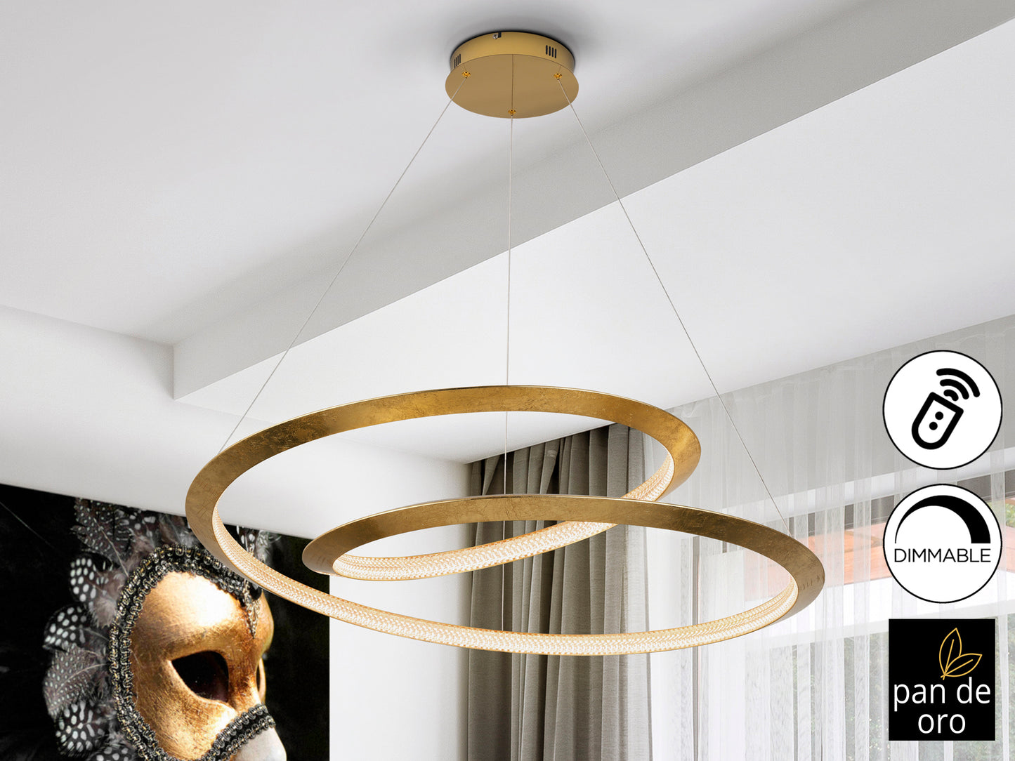 Lámpara colgante Eternity Pan Oro Ø97 dorada de Schuller iluminando un comedor moderno con luz LED, ideal para salones de lujo.