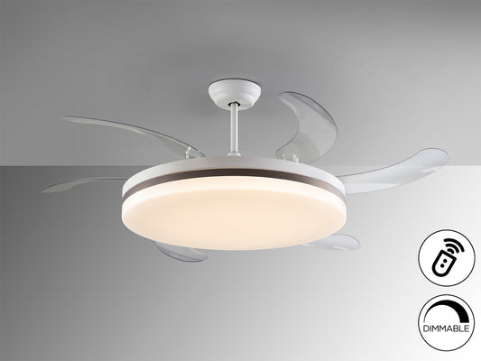 Ventilador de techo Vento Maxi blanco bronce con aspas retráctiles, luz LED dimable y motor DC para salón | Schuller 168434