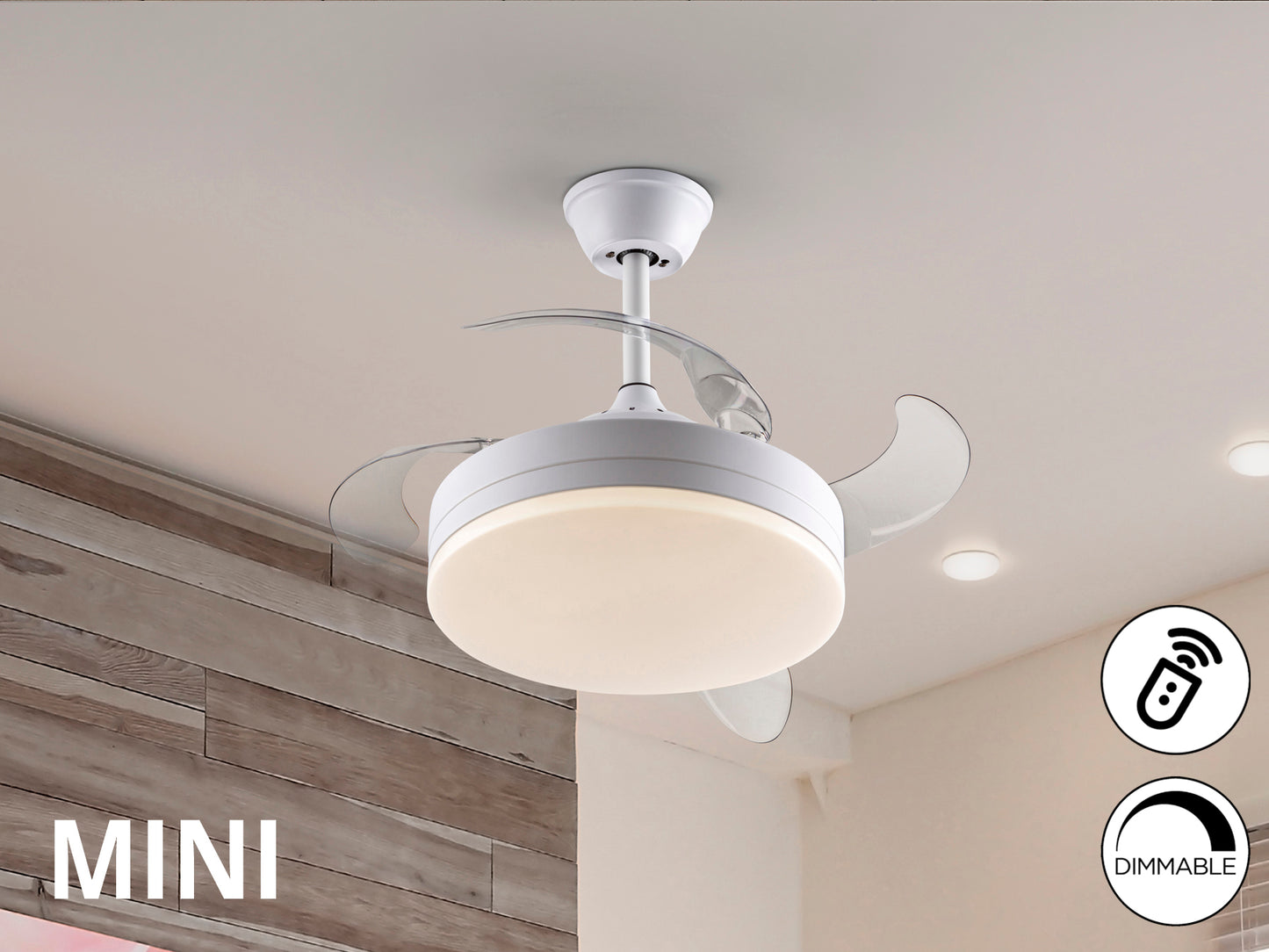 Ventilador de techo Vento Mini blanco mate Schuller con aspas retráctiles, luz LED regulable, motor DC silencioso y diseño moderno de 40cm ideal para espacios pequeños.