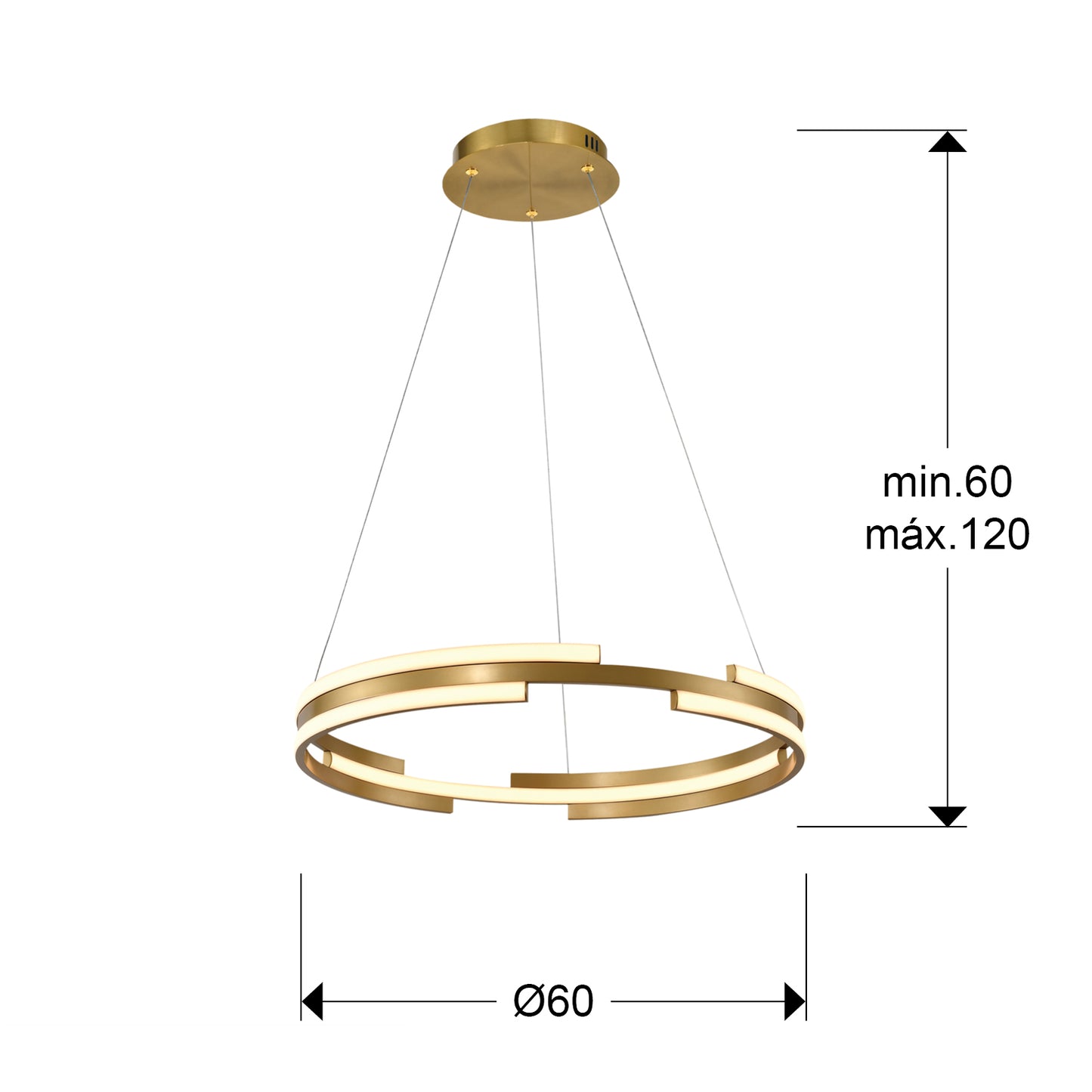 Medidas de Lámpara colgante Ciclos Oro D60 de Schuller en salón moderno, con diseño regulable en altura y tecnología LED dimable.