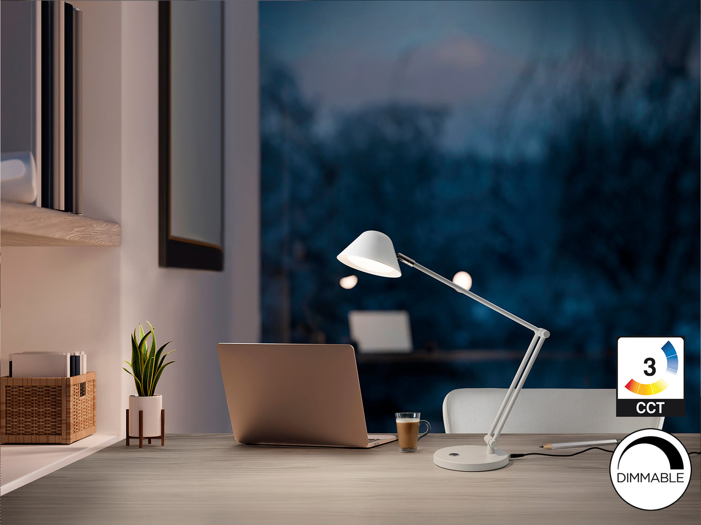 Lámpara de sobremesa Taros blanco mate de Schuller con diseño minimalista y moderno, fabricada en aluminio y metal, con LED integrado, ideal para despacho.