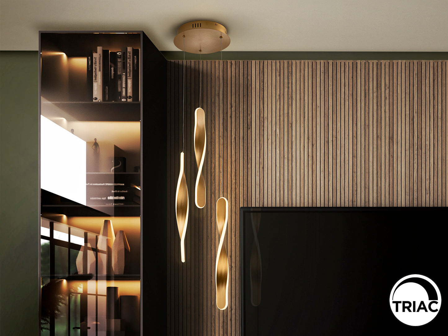 Lámpara de Techo Twist 3L en Oro Cepillado de Schuller, diseño moderno e industrial sofisticado para comedor y salón.