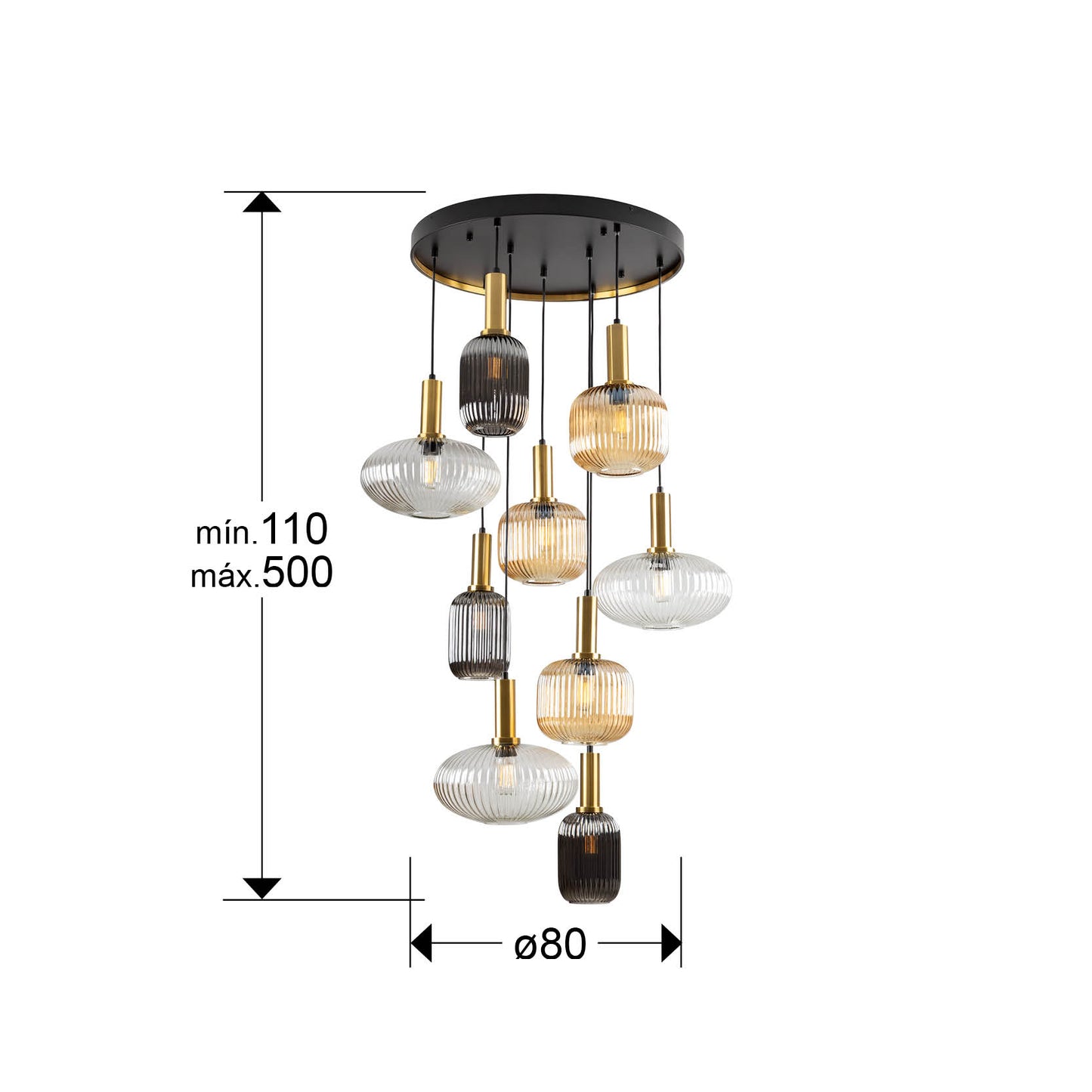 Medidas de Lámpara de techo NORMA-LAMP 9L negro y latón Schuller, diseño moderno con cristal y altura regulable para comedor y salón.