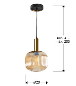Medidas de Lámpara de techo Norma en ámbar, negro y latón de Schuller, con cristal, diseño industrial y altura regulable.