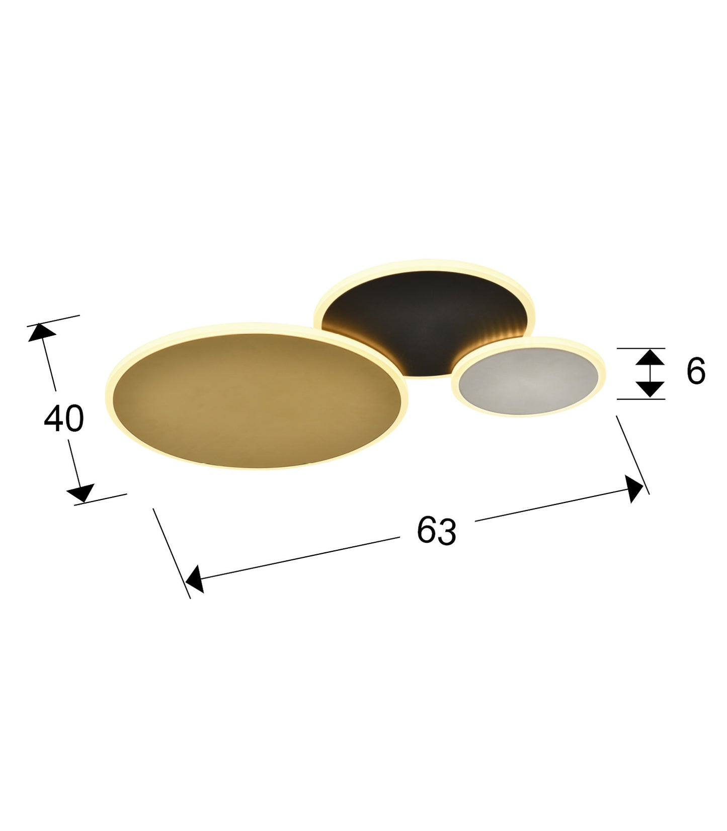 Medidas de Plafón de techo Umbra Schuller en oro, negro y blanco, con iluminación LED dimmable y diseño moderno para comedor, dormitorio y salón.