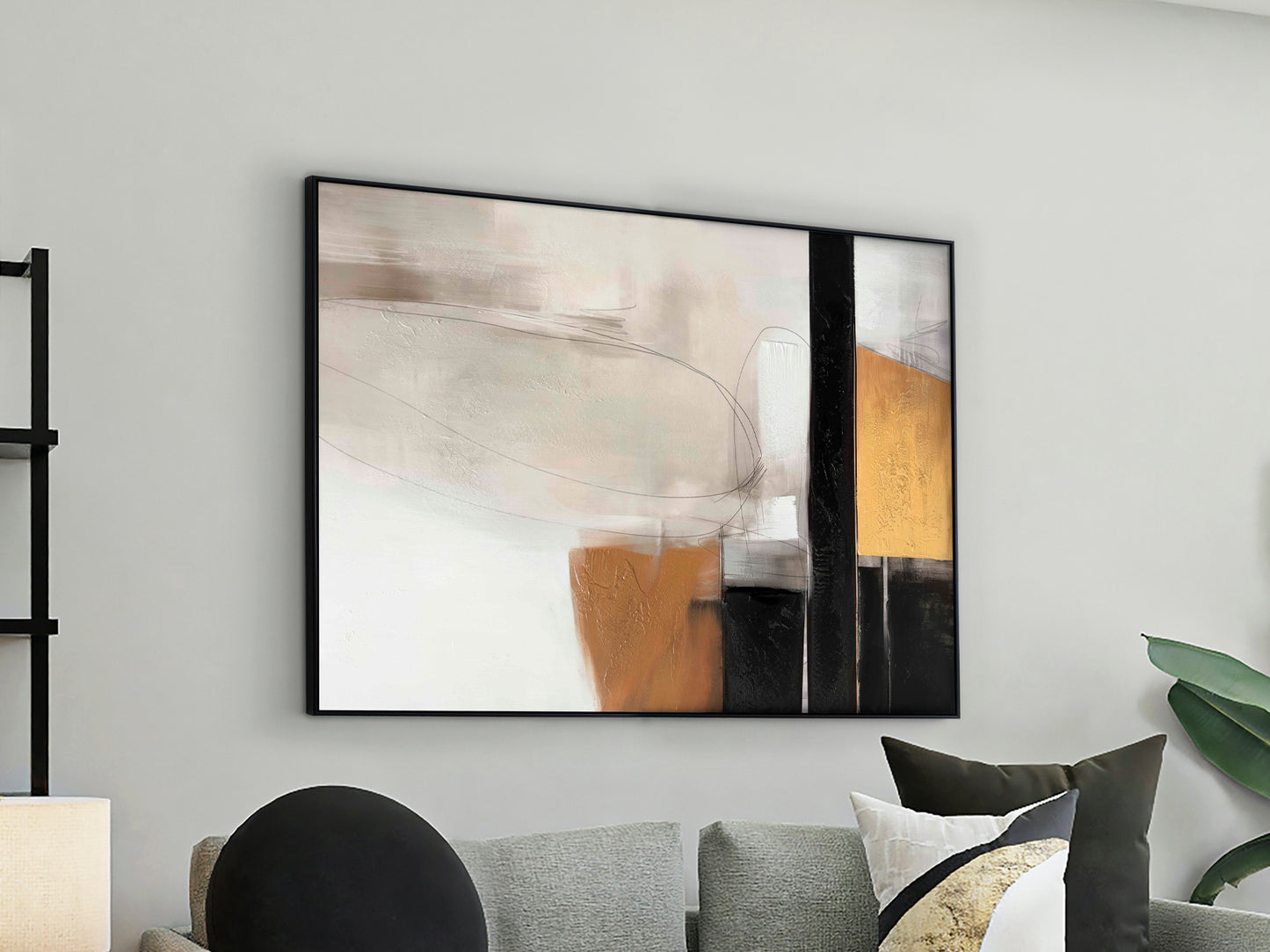 Cuadro acrílico Espacios I negro de Schuller, arte abstracto moderno en gran formato para decoración de pared.