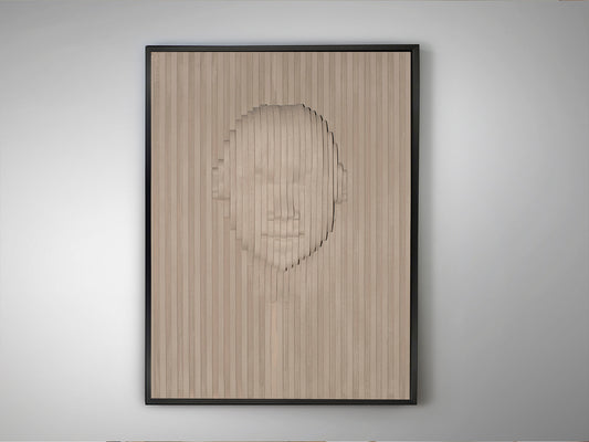Bajorrelieve Beige Face para decoración de pared. Arte contemporáneo en DM y poliestireno, ideal para salón. Diseño minimalista en tonos beige y negro de Schuller.