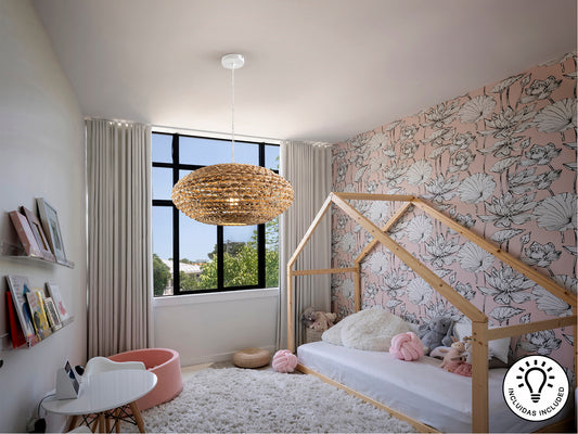 Lámpara colgante Nana blanco y natural de ratán para comedor, dormitorio o salón, estilo nórdico y boho chic. Iluminación Schuller con diseño rústico moderno y pantalla de jacinto de agua (E27).