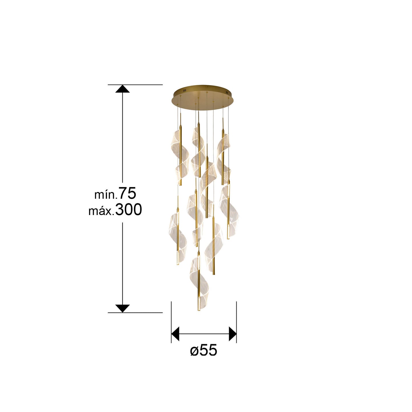 Medidas de Lámpara de techo VELAS oro mate de Schuller en salón moderno: diseño de lujo con aluminio y metacrilato, dimmable, ideal para iluminación contemporánea.