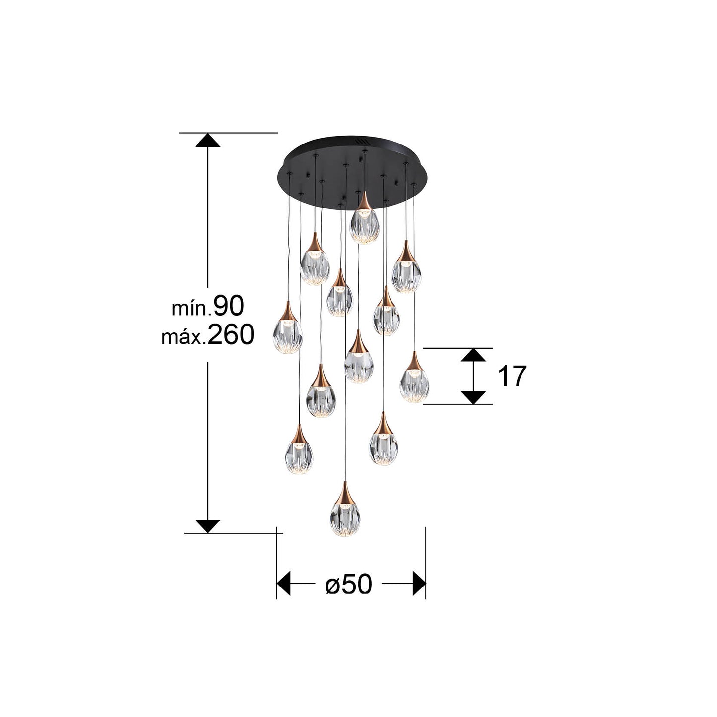 Lámpara de techo Corina negro-cobre de Schuller colgando sobre comedor, diseño moderno industrial-chic con detalles en cobre, LED dimable y pantalla acrílica transparente.