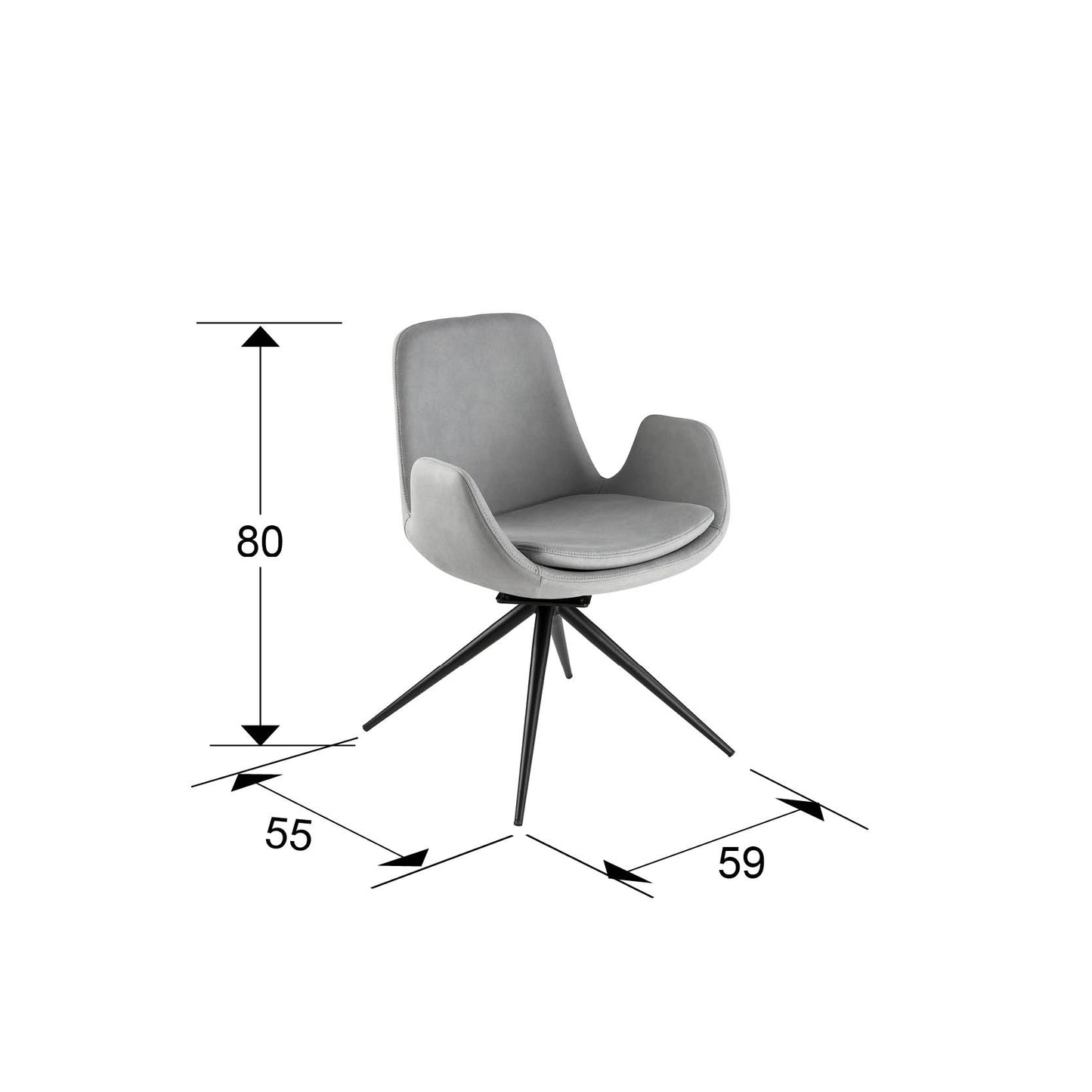 Medidas de Silla giratoria Zuna gris claro Schuller: silla de oficina moderna con estructura de metal negro mate y tapizado textil, ideal para comedor.