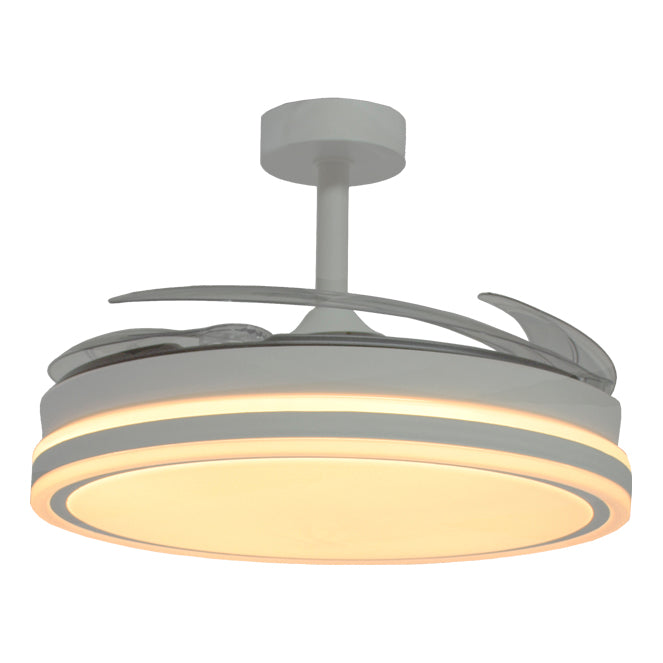 Detalles del Ventilador de Techo LED Belair Troya V1008 de Interlusa: 108cm, 6480lm, 72W, 4 Aspas Retráctiles, Blanco/Blanco, Motor DC Silencioso, Mando a Distancia, Luz Regulable 3000K/4000K/6000K. LuzGurú.