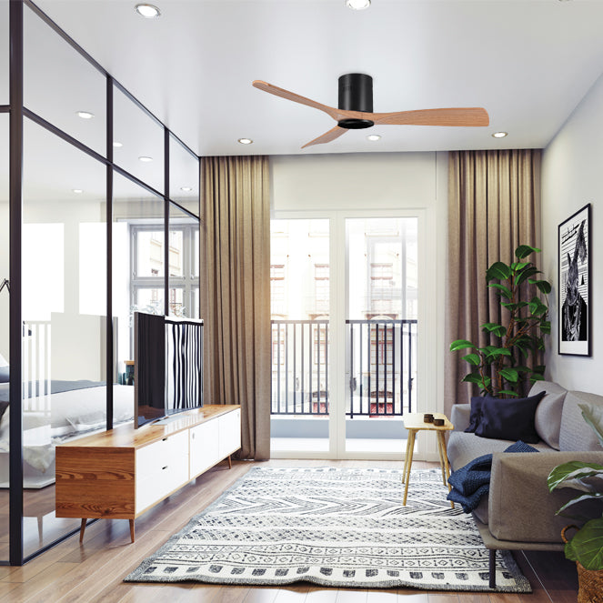 Detalles del Ventilador de Techo BELAIR Céfiro OFF V1020 BK/WO de Interlusa: Diseño negro/haya, 3 aspas, 130cm de diámetro, motor DC silencioso, 6 velocidades, mando a distancia, modo verano/invierno, temporizador. Encuéntralo en LUZGURÚ.