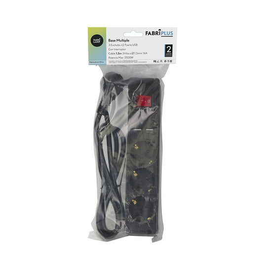 Base Múltiple Alargadera 3 Enchufes y 2 USB con Interruptor 1,5 m Negro Fabrilamp - imagen 2 | Fabrilamp / Abrila · Ref. 166441315