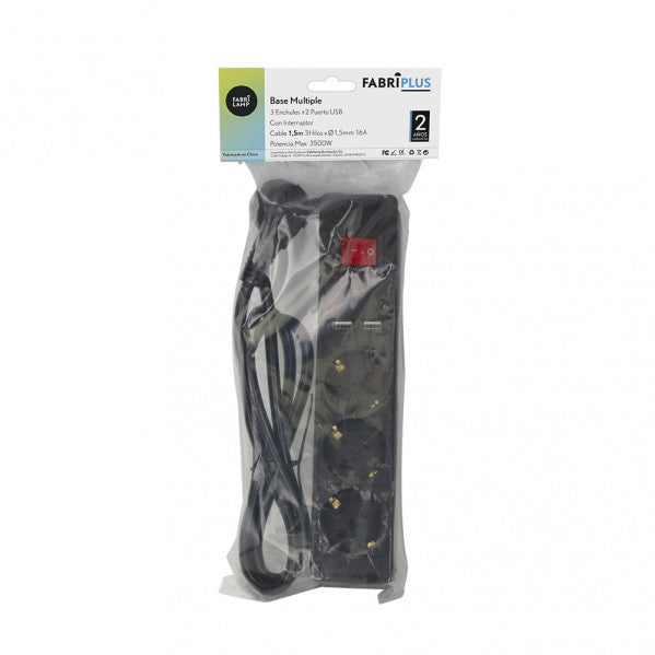 Base Múltiple Alargadera 3 Enchufes y 2 USB con Interruptor 1,5 m Negro Fabrilamp - imagen 2 | Fabrilamp / Abrila