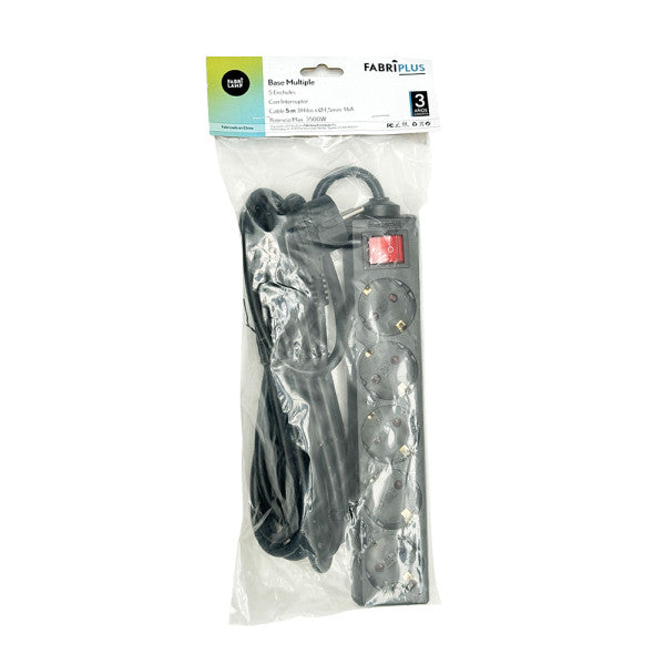 Base Múltiple Alargadera Negro 5 Enchufes con Interruptor Cable 5 m Fabrilamp - imagen 2 | Fabrilamp / Abrila
