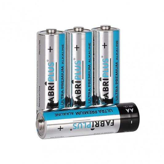 Blister de 4 pilas alcalinas AA LR6 Fabriplus, 1.5V, 0% mercurio. Imagen trasera.