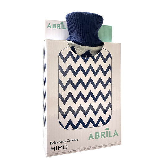 Bolsa de agua caliente Mimo fabricada en caucho color crema con funda acrílica azul.