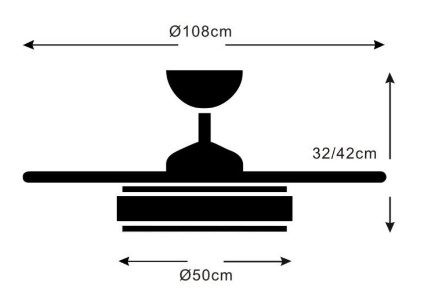 Medidas Ventilador de techo Chloe-L de PB Lighting (Ø108cm) Blanco, con luz LED dimable CCT, app LampSmart Pro y mando - Ref PB50411.