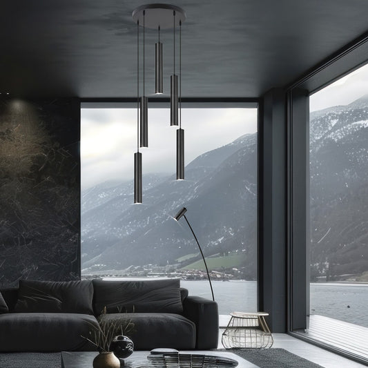 Colgante 8 luces ANTIA AJP/Alemar Ref. 11753 - Medidas detalladas. Diseño elegante negro y latón. LuzGuru.