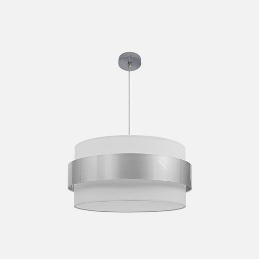 Colgante Bremen fabricado en metal color cromo y pantalla textil blanco plata