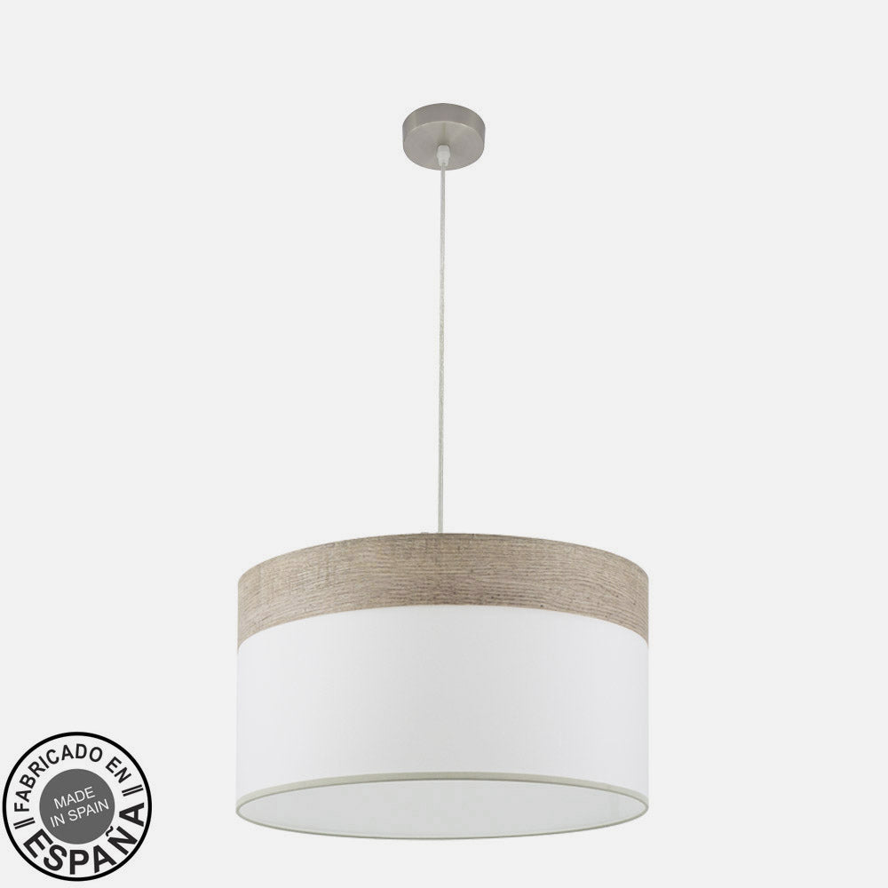 Colgante Cloe fabricado en metal color níquel y textil blanco/madera gris