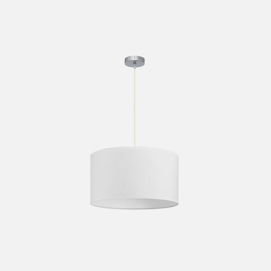 Lámpara Dori fabricada en metal color níquel con pantalla textil blanca