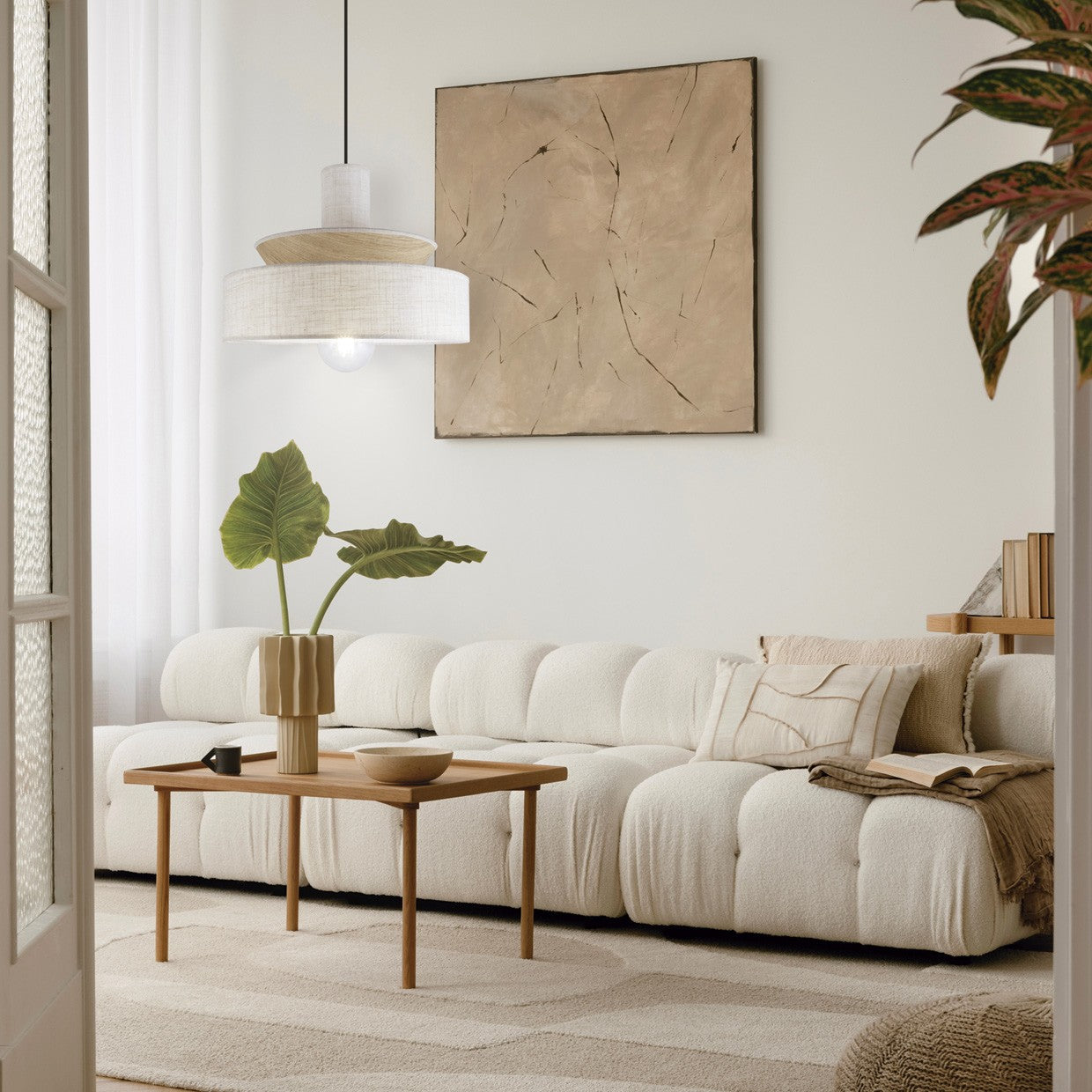 Colgante Mohana Lino Tostado AJP/Alemar Ref. 11768 - Medidas del colgante de diseño elegante en lino tostado y madera. LuzGuru.