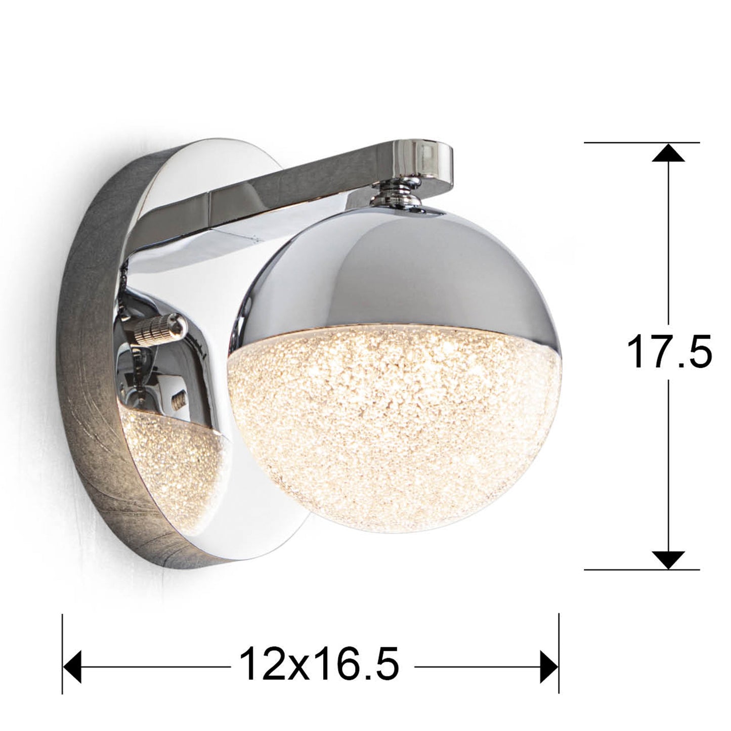 Medidas Aplique Pared LED Schuller Sphere 793168: Ø12cm (ancho), 16.5cm (alto), 17.5cm (profundo). Iluminación LED cromo brillo.