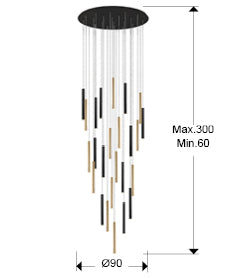 Medidas Lámpara Techo LED Schuller Varas 373968D: Ø90cm, Alto 300cm, 28.48kg. Oro/Negro.