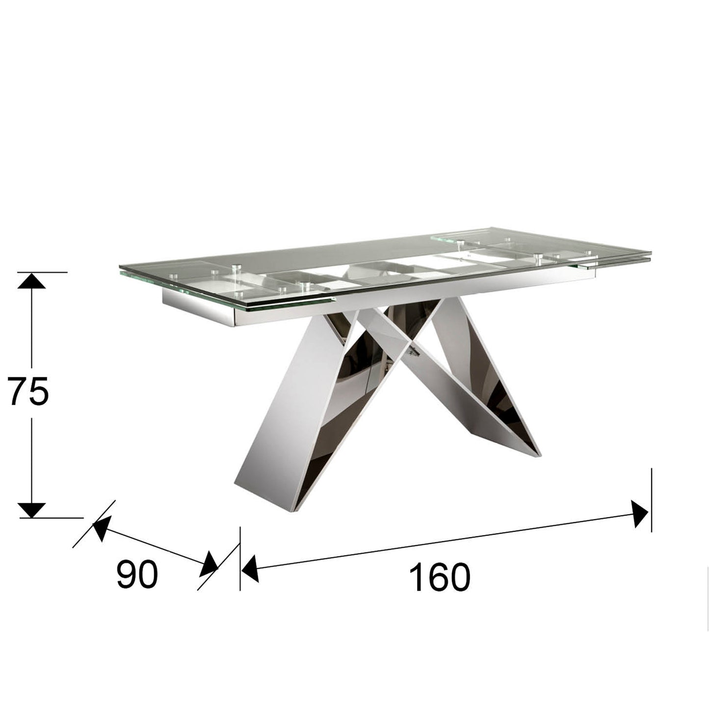 Medidas Mesa Comedor Extensible Schuller Mika (Ref. 713016): 160/220x90x75 cm. Acero inoxidable y cristal. Alto brillo.