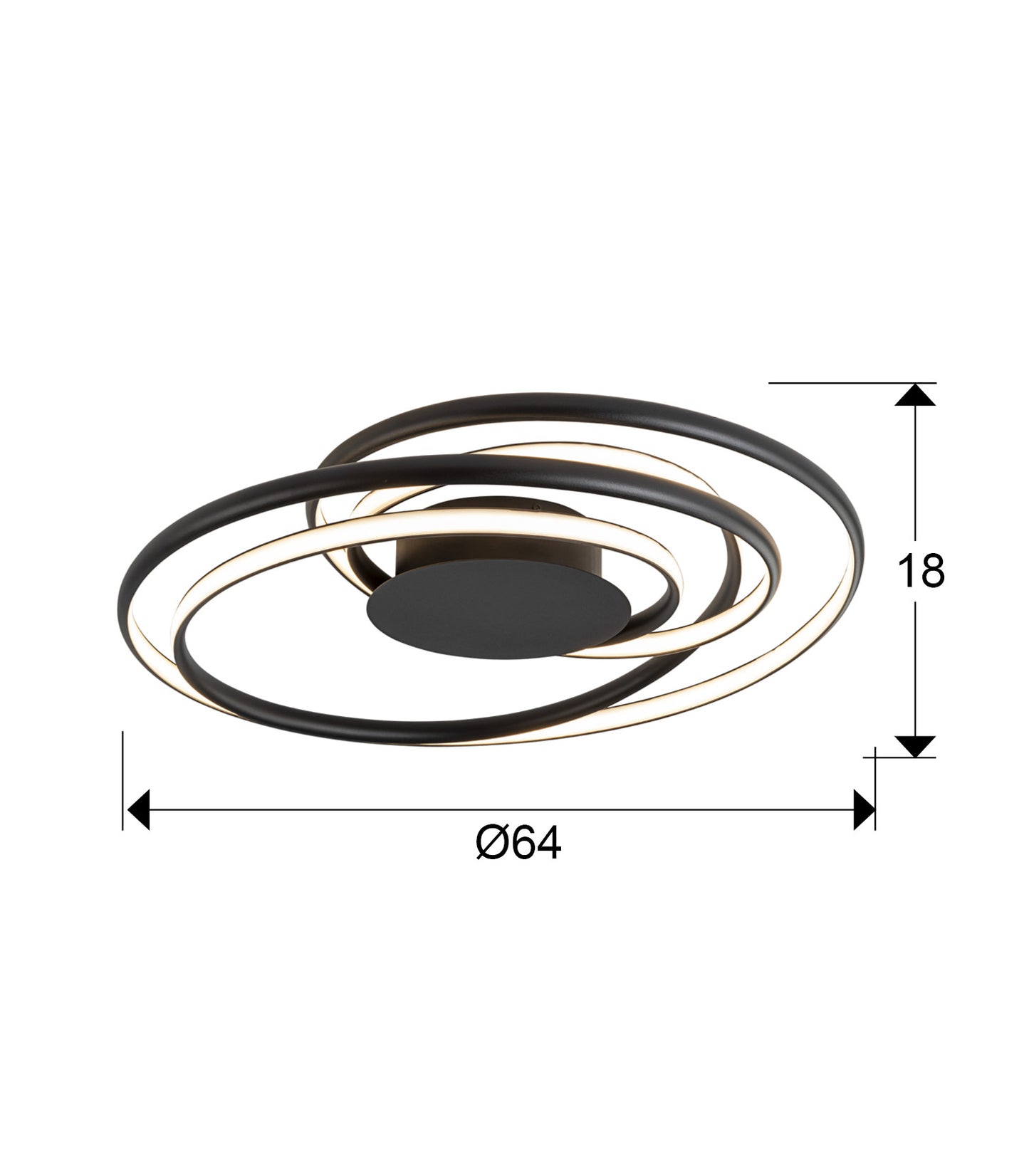 Medidas Plafón Danza Negro Schuller 513061: Ø64cm, Alto 18cm. Iluminación LED 75W, 3252lm, 3000K. Diseño moderno y elegante.