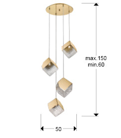 Medidas Lámpara Schuller Priscila 4 Luces Dorada (Ref. 720403): Ø50cm, Alto 60-150cm, Pantalla 24x24x22cm, Florón Ø32cm.