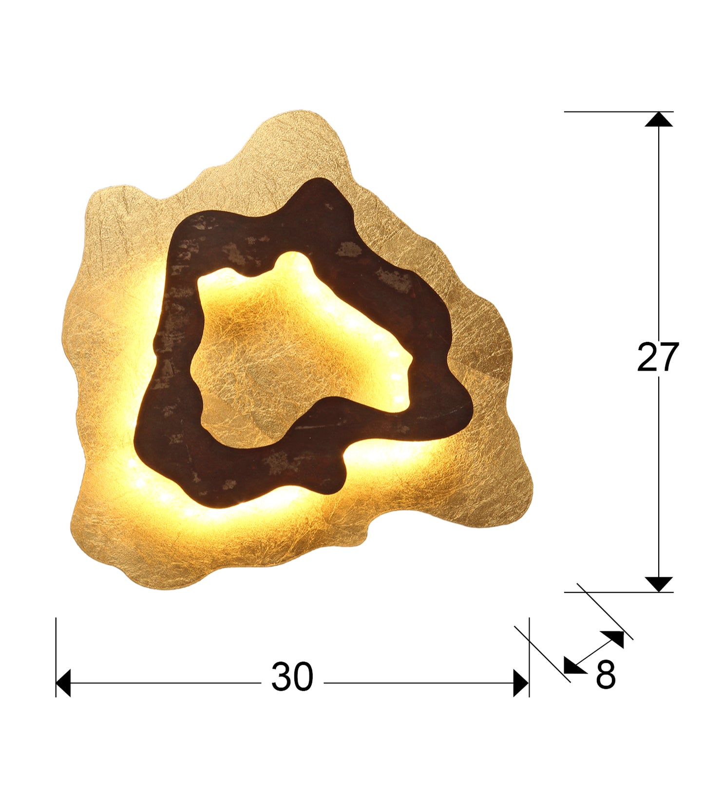 Medidas Aplique Schuller Halo Óxido/Pan de Oro (Ref. 162272): 34x27x8cm. Dimensiones detalladas del aplique de pared Schuller Halo.