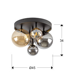 Medidas Plafón Schuller Dark 5 Luces (Ref. 439244): Ø45cm, Alto 34cm, Florón Ø40cm x 5cm. Luzguru.com