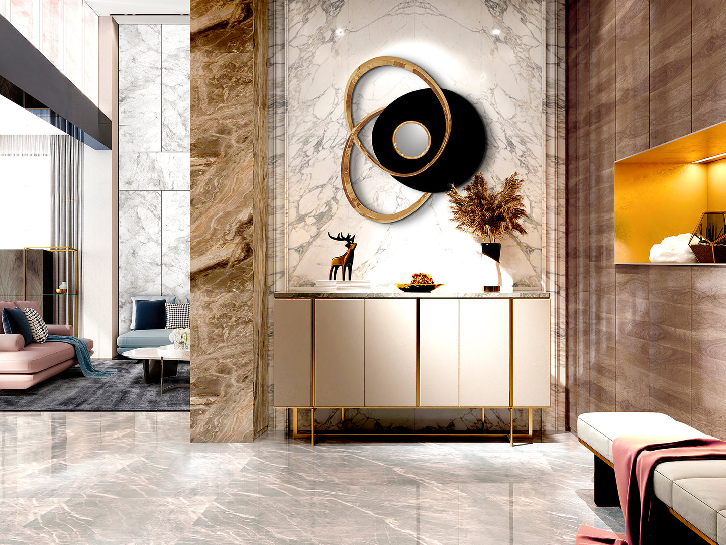 Escultura de pared SCHULLER Trio (Ref. 498722) en negro y oro rosa. Acero inoxidable y metacrilato. 83x73x7cm.