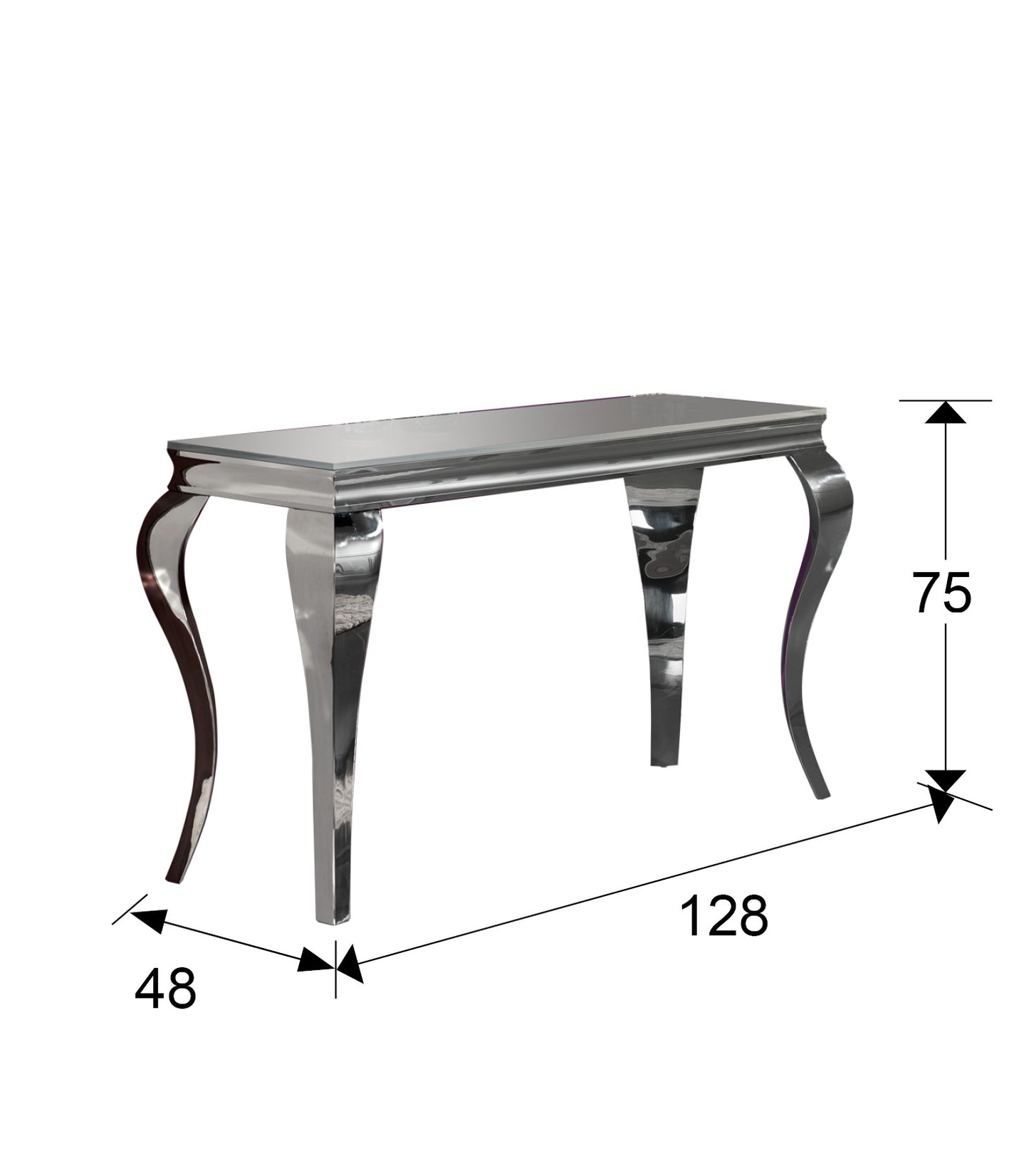 Medidas Consola Barroque Schuller 792386: 128x75x48 cm. Acero inoxidable y cristal templado.