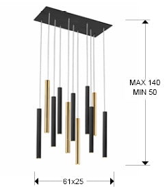 Medidas Lámpara Varas Oro/Negro 11L Schuller (Ref. 373357): 61cm ancho x 40cm alto x 25cm profundo.
