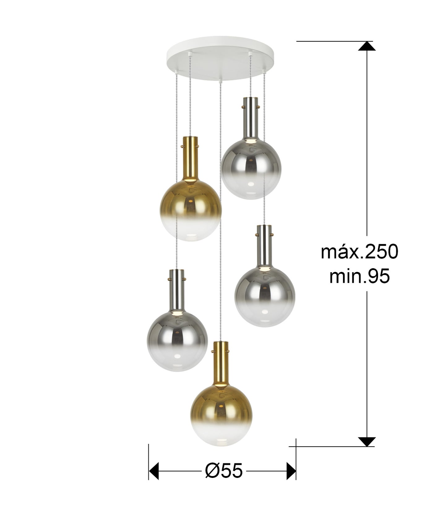 Medidas Lámpara Schuller Matices 5L (Ref. 553869): Alto 135cm (min. 95cm, máx. 250cm), pantalla Ø20cm, florón Ø40cm. Blanco/Smoke/Oro. luzguru.com