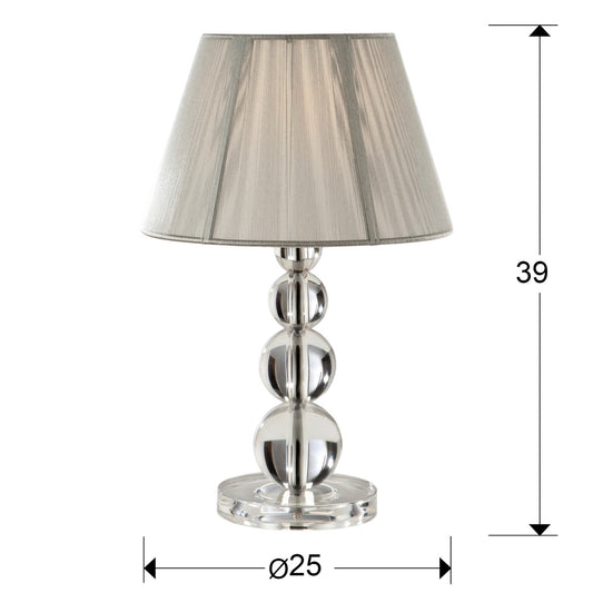 Medidas Lámpara Sobremesa Schuller Mercury 662110: 39 cm de alto, 25 cm de diámetro de pantalla. Diseño moderno, cromo, transparente y plata. LuzGuru.