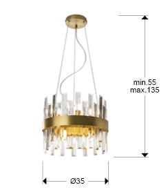 Medidas Lámpara GRACE Oro Schuller 365185: Ø35cm, Alto 55-135cm, Pantalla 3x25x1cm, Florón Ø12cm. Peso 4.85kg.